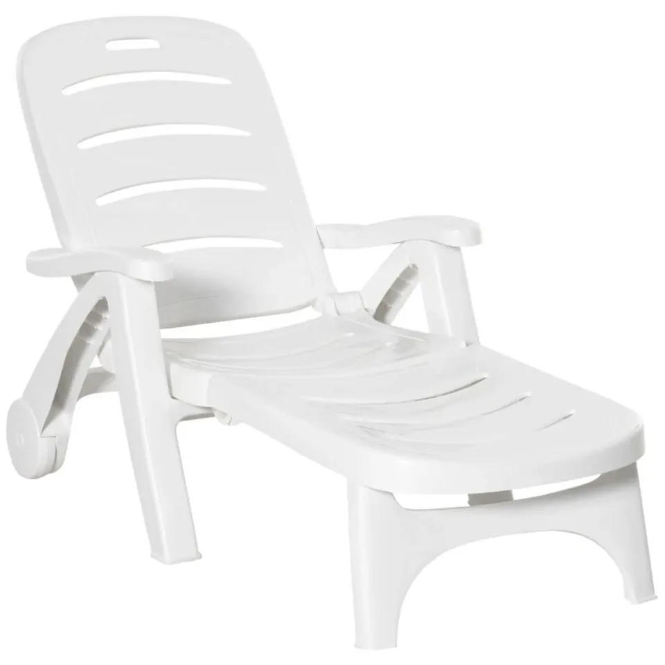 BOXED OUTSUNNY OUTDOOR FOLDING SUN LOUNGER RECLINER ON WHEELS W/ 5-POSITION BACKREST, WHITE (1 BOX)