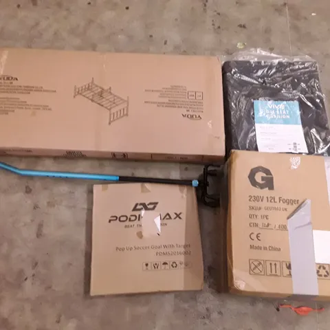 PALLET OF ASSORTED PRODUCTS INCLUDING YODA BED FRAME, VIVE GEL SEAT CUSHION, 12L FOGGER, POP UP SOCCER GOAL WITH TARGET, WALKING CANE