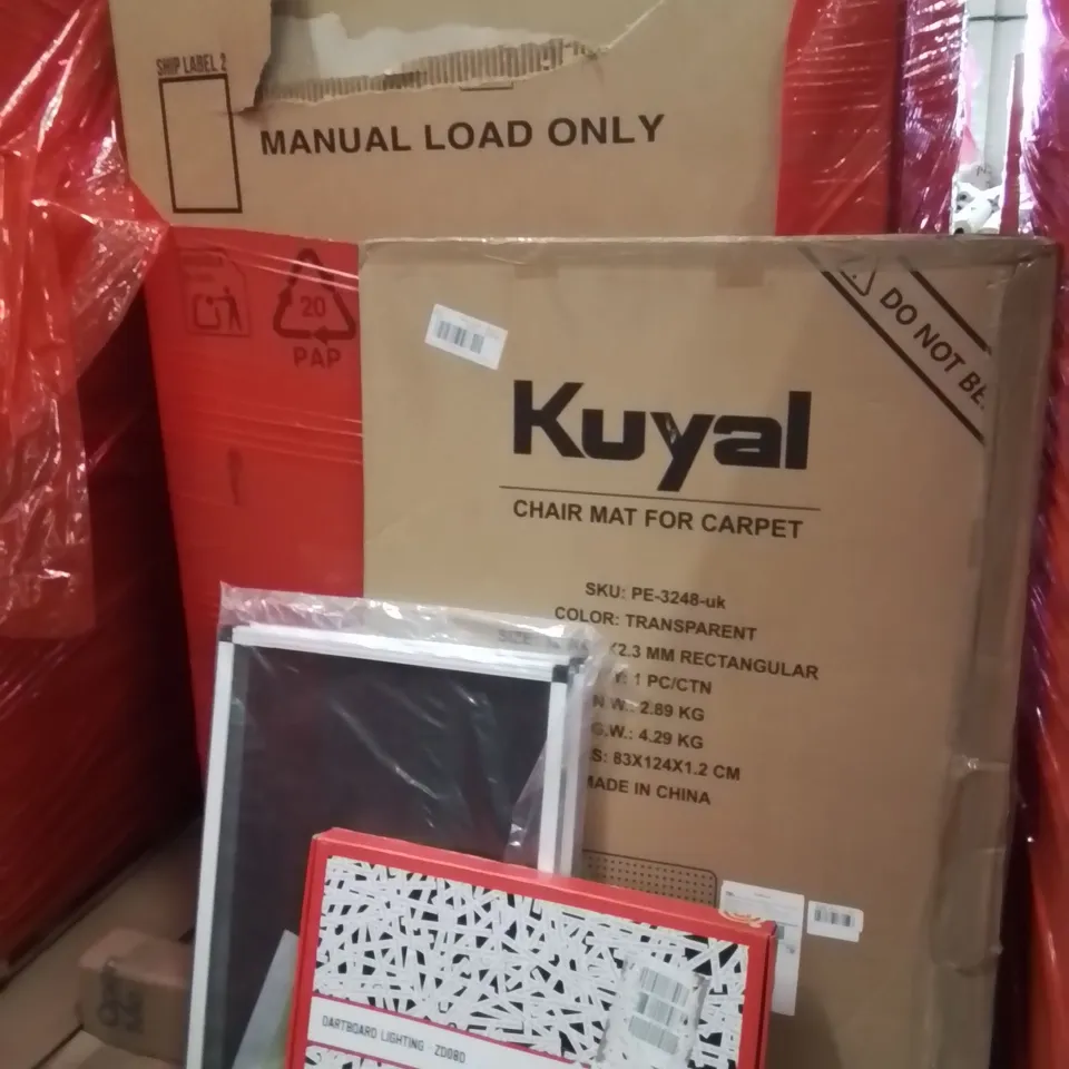 PALLET OF ASSORTED HOUSEHOLD GOODS AND PRODUCTS TO INCLUDE;CHAIR MAT FOR CARPET,DARTBOARD LIGHTINT,PET BARRIER