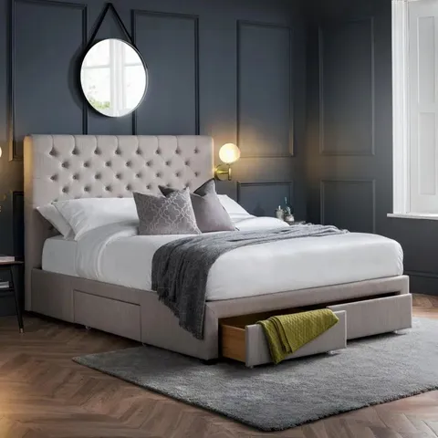 BOXED RISHI UPHOLSTERED BED FRAME - 180CM SUPER KING, PALE GREY (3 BOXES)