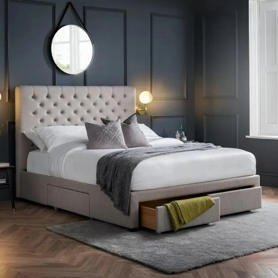 BOXED RISHI UPHOLSTERED BED FRAME - 180CM SUPER KING, PALE GREY (3 BOXES)