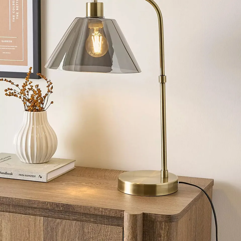 ARC TABLE LAMP WITH SMOKED GLASS SHADE BOXED