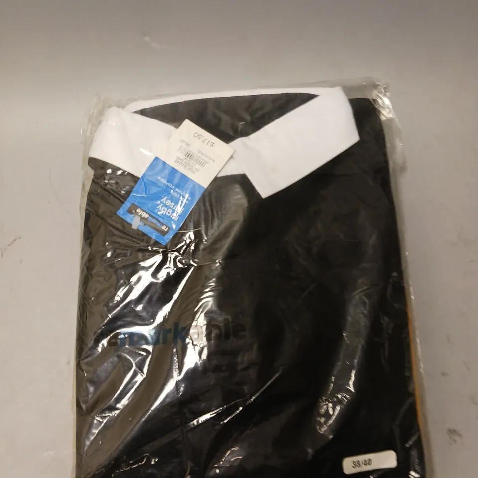 APPROXIMATELY 15 REMARKABLE RUGBY JERSEY BLACK IN MIXED SIZES 