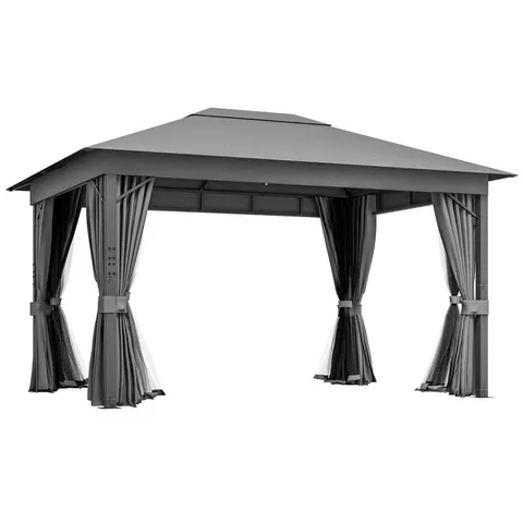 BOXED OUTSUNNY 4 X 3(M) PATIO GAZEBO CANOPY, WITH VENTED ROOF, NETTING, CURTAINS, ALUMINIUM FRAME, GREY