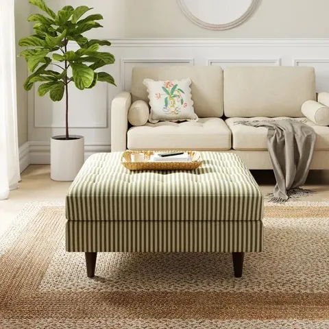 BOXED ZOE PINSTRIPE FABRIC SQUARE STORAGE FOOTSTOOL - SAGE (1 BOX)