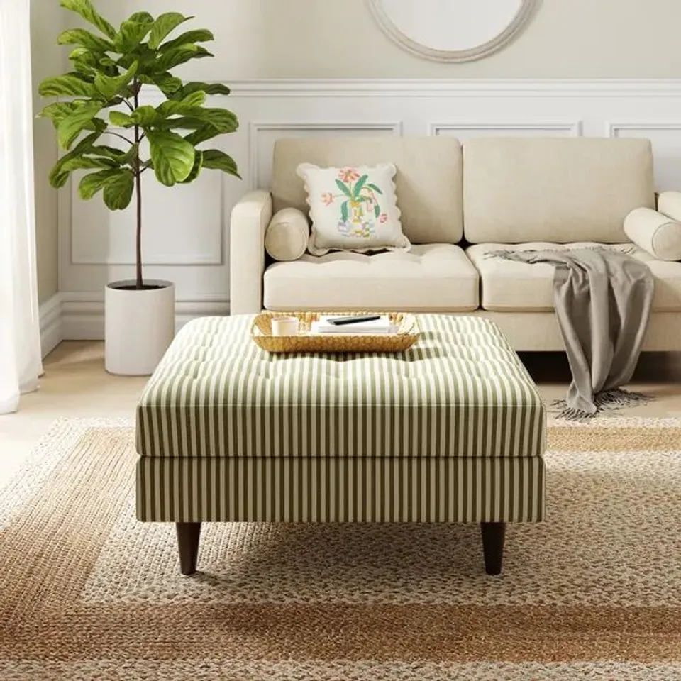 BOXED ZOE PINSTRIPE FABRIC SQUARE STORAGE FOOTSTOOL - SAGE (1 BOX)