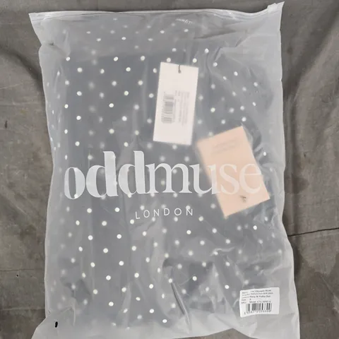 ODDMUSE THE ULTIMATE MUSE STRAPLESS PEPLUM HAM MIDI DRESS IN NAVY & POLKA DOT SIZE SMALL