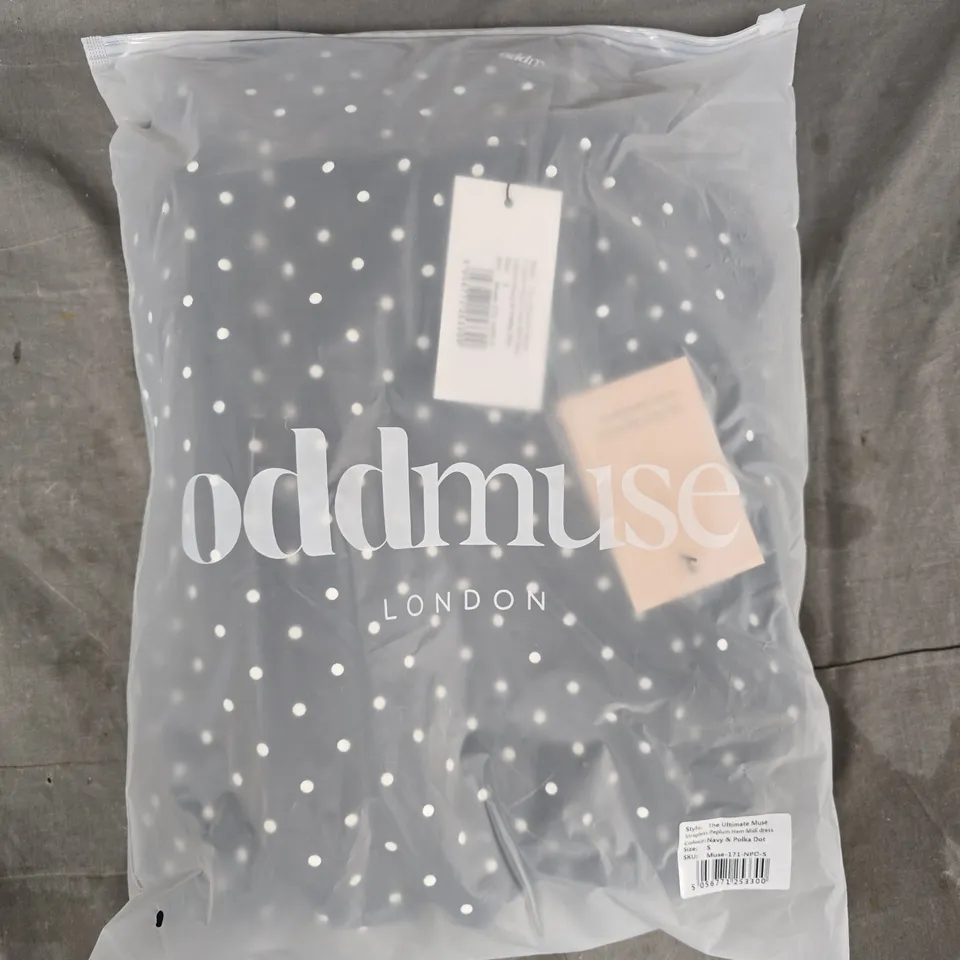 ODDMUSE THE ULTIMATE MUSE STRAPLESS PEPLUM HAM MIDI DRESS IN NAVY & POLKA DOT SIZE SMALL