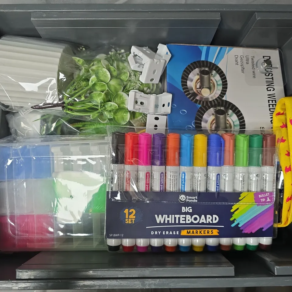 APPROXIMATELY 15 ASSORTED HOUSEHOLD ITEMS TO INCLUDE DERUSTING WEEDING WHEEL, BIG WHITEBOARD PEN, FAUX DECOR PLANTS, ETC