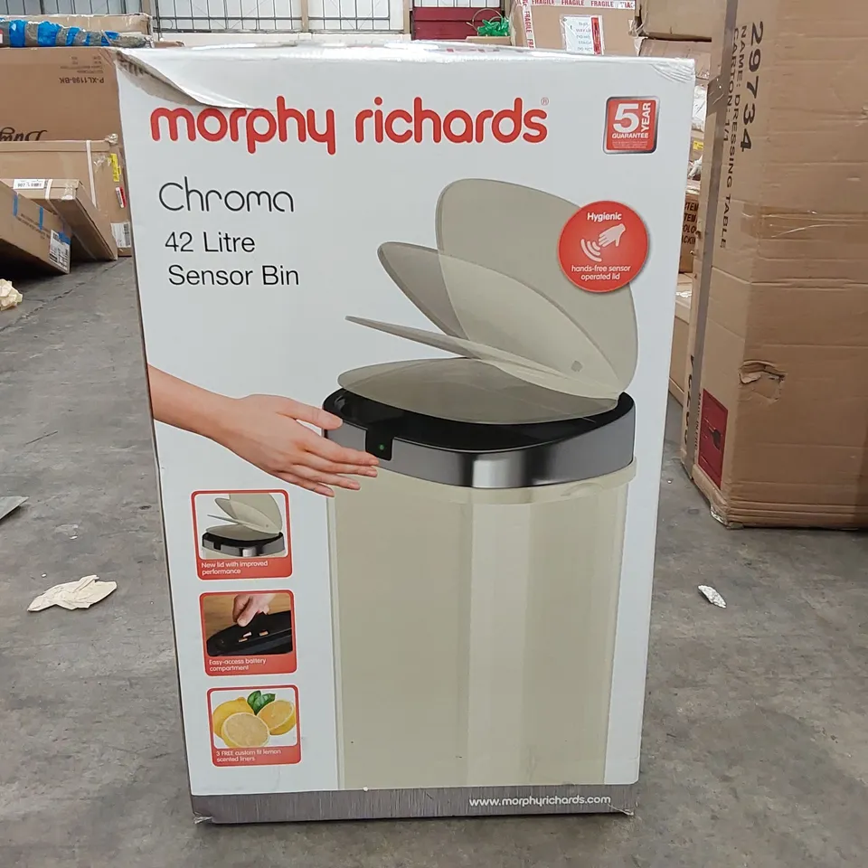 BOXED MORPHY RICHARDS CHROMA 42 LITRE MOTION SENSOR RUBBISH BIN - CREAM (1 BOX)