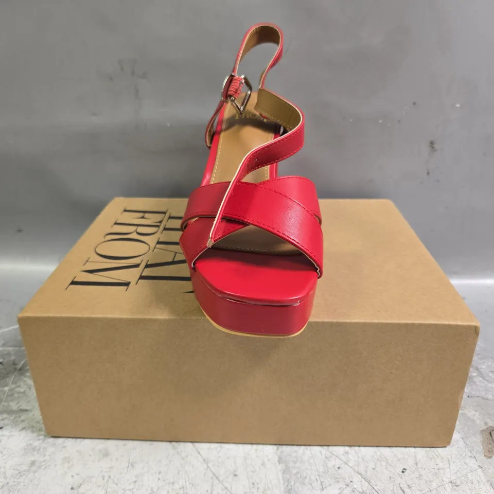BOXED PAIR OF WHERE'S THAT FROM OPEN TOE BLOCK HEEL SANDALS IN RED SIZE UK 6