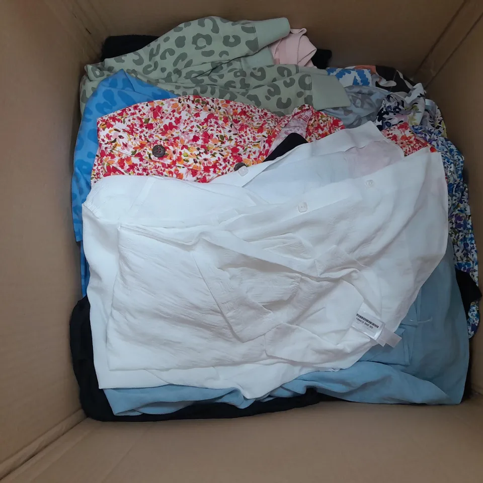 LARGE BOX OF ASSORTED CLOTHING ITEMS TOO INCLUDE TOPS , TROUSERS AND JUMPERS COMING IN DIFFERENT COLOURS AND SIZES 