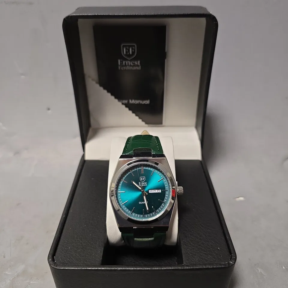 ERNEST FERDINAND WATCH – DAY DATE CALENDAR DIAL – LEATHER STRAP – 3ATM WATER RESISTANT