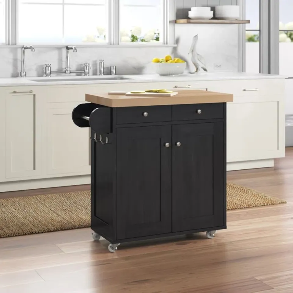 BOXED LUCILLE 95CM WIDE ROLLING KITCHEN ISLAND & SOLID WOOD TOP (1 BOX)