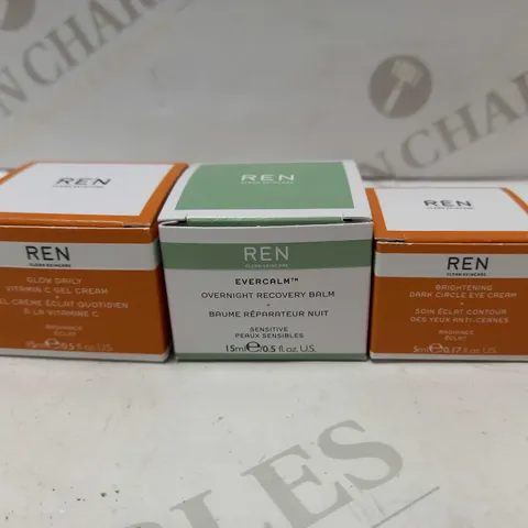 LOT OF 3 REN SKINCARE PRODUCTS TO INCLUDE GLOW DAILY VITAMIN C GEL CREAM 15ML, EVERCALM OVERNIGHT RECOVERY BALM 15ML & RADIANCE BRIGHTENING DARK CIRCLE EYE CREAM 5ML