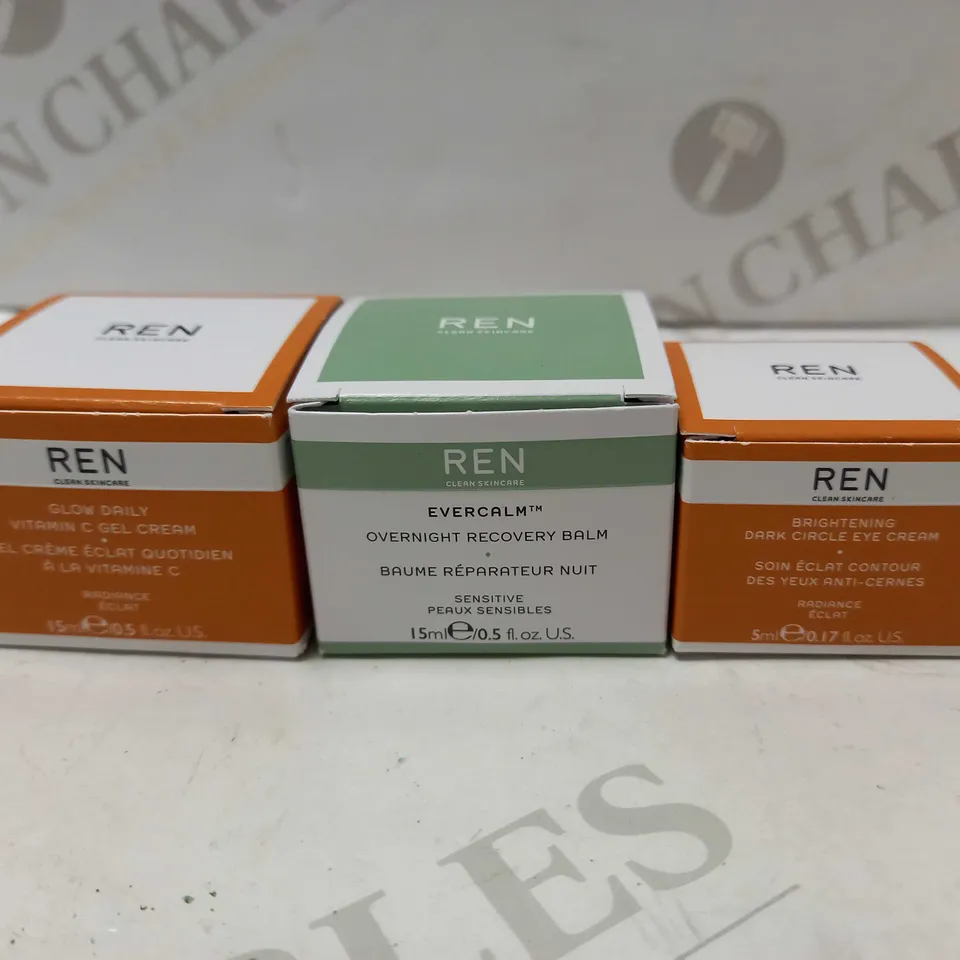LOT OF 3 REN SKINCARE PRODUCTS TO INCLUDE GLOW DAILY VITAMIN C GEL CREAM 15ML, EVERCALM OVERNIGHT RECOVERY BALM 15ML & RADIANCE BRIGHTENING DARK CIRCLE EYE CREAM 5ML