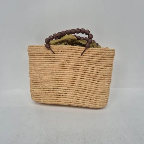 SET OF 3 BAGS: WOVEN STRAW TOTE WITH BEAD HANDLES; PROVENCE OLIVE OIL TOTE; SMALL GREY MESH WINDOW POUCH