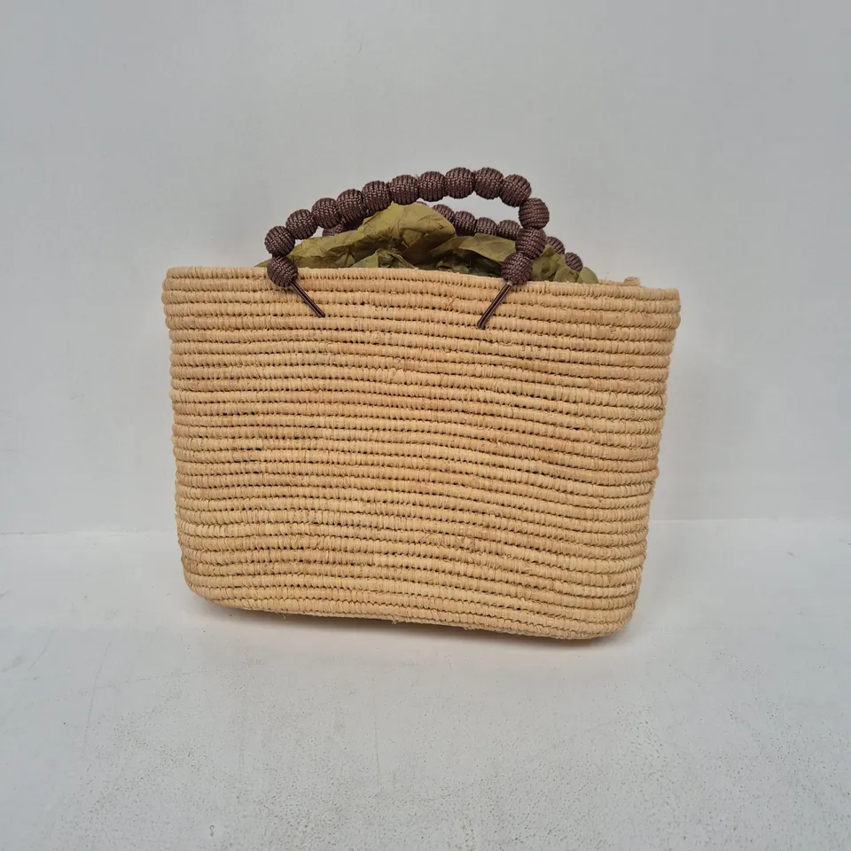 SET OF 3 BAGS: WOVEN STRAW TOTE WITH BEAD HANDLES; PROVENCE OLIVE OIL TOTE; SMALL GREY MESH WINDOW POUCH