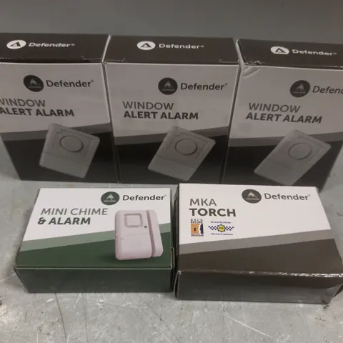 5 ASSORTED DEFENDER ITEMS TO INCLUDE WINDOW ALERT ALARM, MINI CHIME ALARM, MKA TORCH