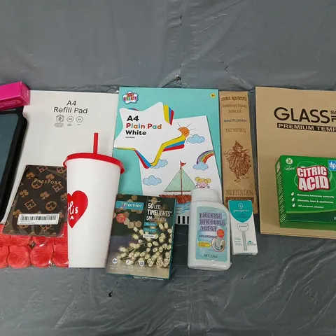APPROXIMATELY 10 ASSORTED HOUSEHOLD ITEMS TO INCLUDE CITRIC ACID, A4 PLAIN PAD, AND 50LED TIMESLIGHT ETC.