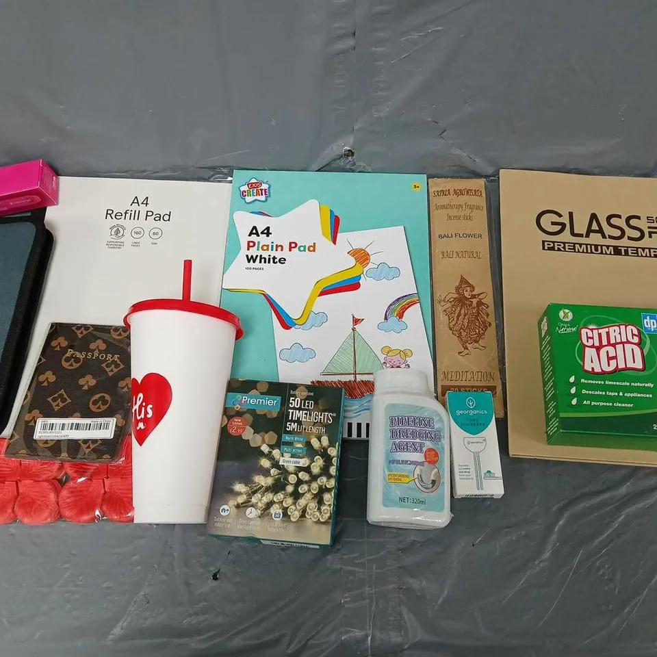 APPROXIMATELY 10 ASSORTED HOUSEHOLD ITEMS TO INCLUDE CITRIC ACID, A4 PLAIN PAD, AND 50LED TIMESLIGHT ETC. 