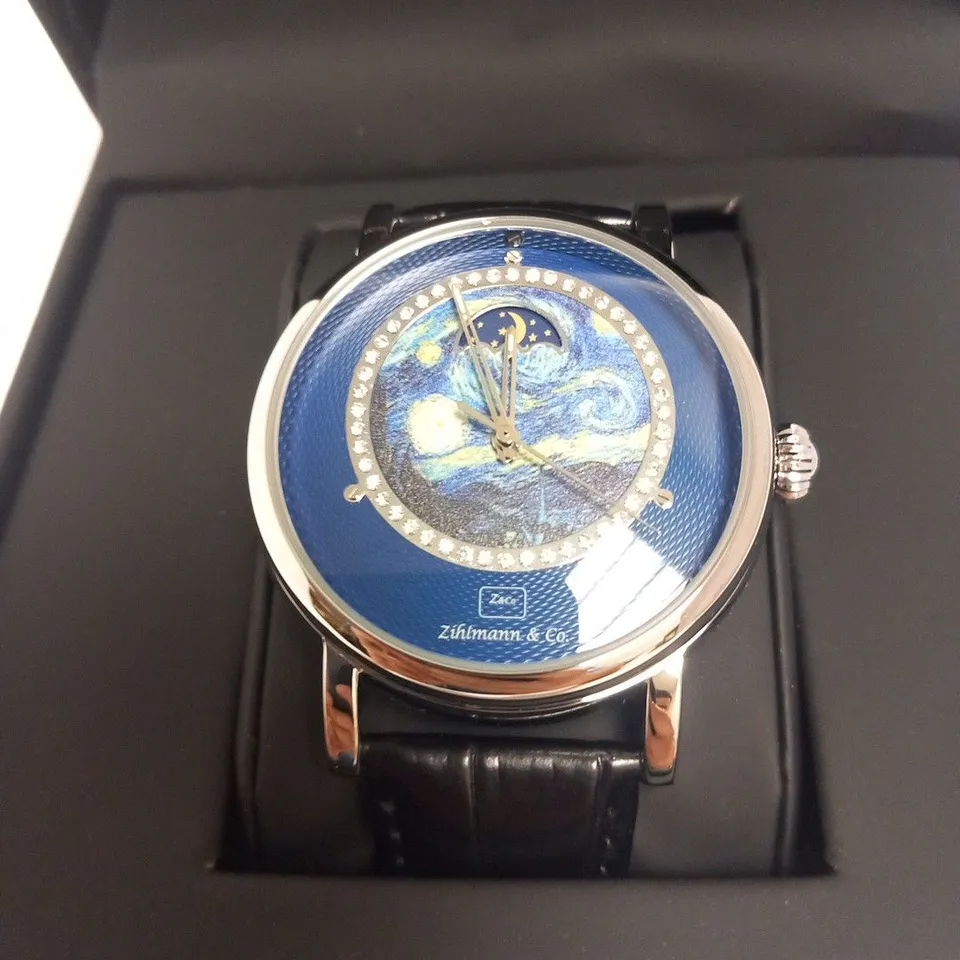 MENS ZIHLMANN & CO AUTOMATIC WATCH – Z150 – MOONPHASE DIAL – GLASS EXHIBITION BACKCASE - SILVER COLOUR CASE – BLACK LEATHER STRAP