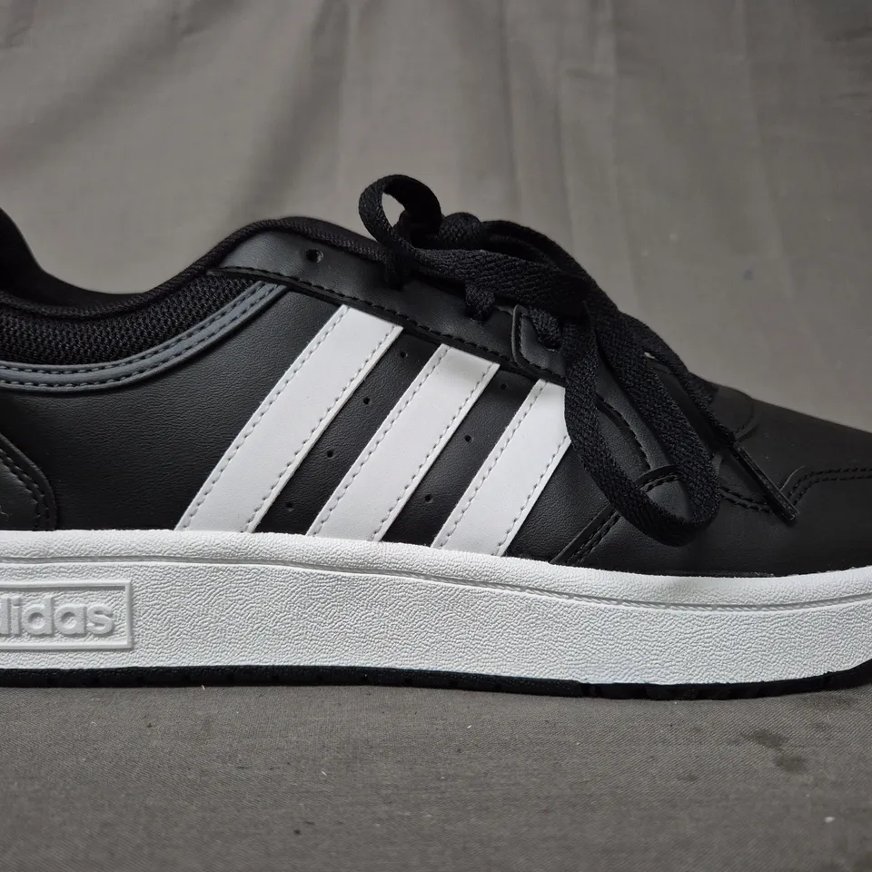 BOXED PAIR OF ADIDAS HOOPS 3.0 SHOES IN BLACK/WHITE UK SIZE 9