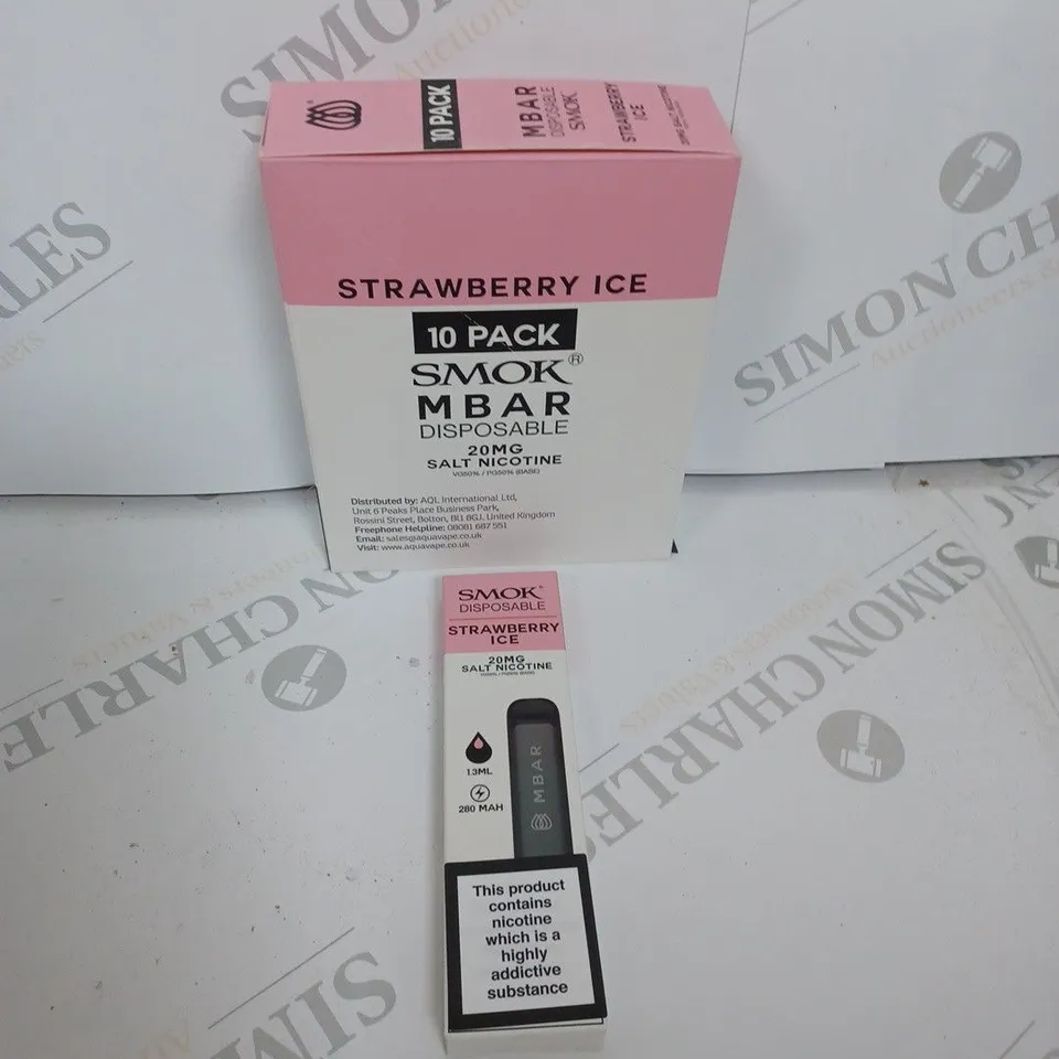 BOX OF APPROXIMATELY 10 BOXES OF STRAWBERRY ICE 10 PACK SMOK M BAR DISPOSABLE 20MG SALT NICOTINE