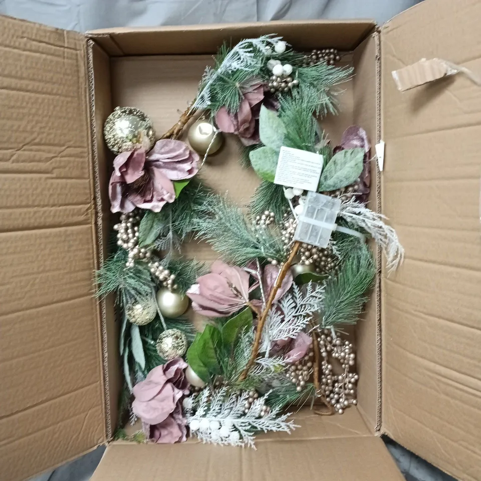 DECORATIVE CHRISTMAS WREATH WITH PINE, FROSTED FOLIAGE AND PINK ACCENTS – BOXED