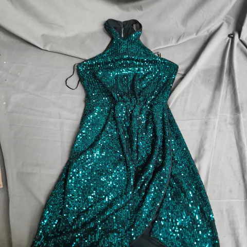 LIPSY LONDON TEAL SEQUIN HALTER-NECK EVENING DRESS – UK 8 