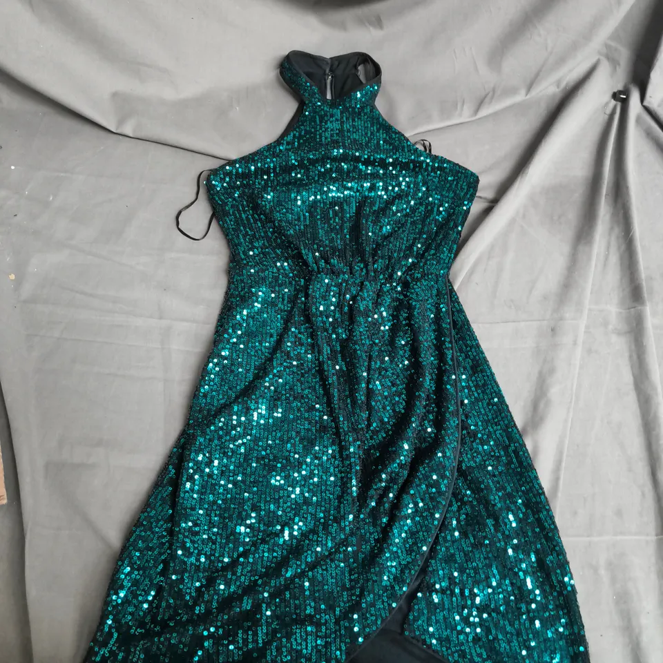 LIPSY LONDON TEAL SEQUIN HALTER-NECK EVENING DRESS – UK 8