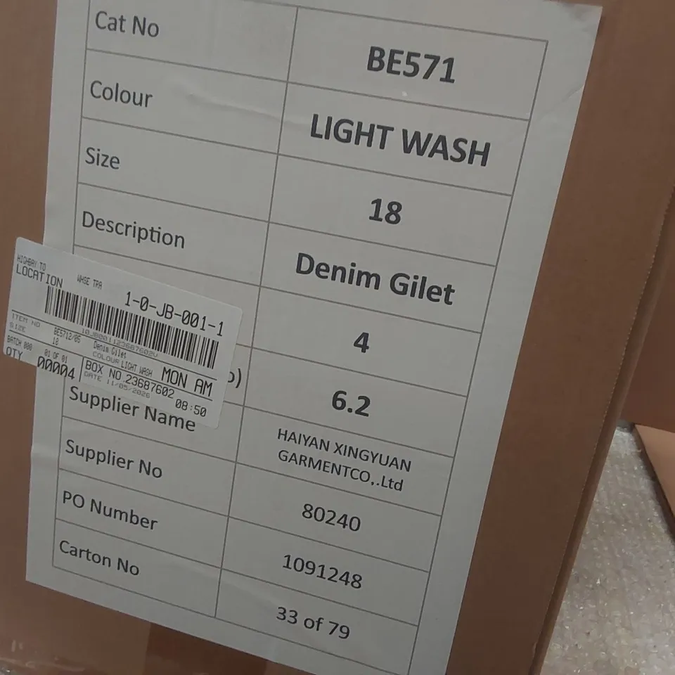 BOX CONTAINING APPROXIMATELY 4x BRAND NEW SIMPLY BE LIGHT WASH DENIM GILETS - SIZE 18