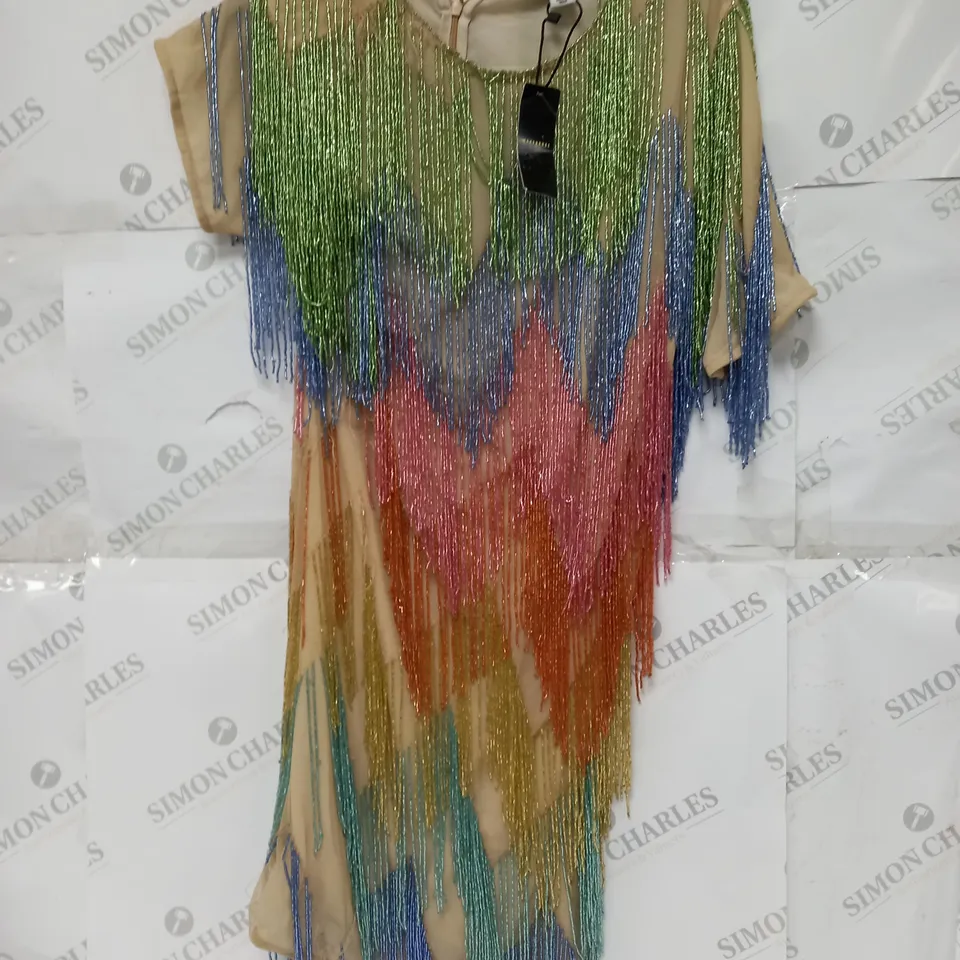 WAREHOUSE RAINBOW BEADED FRINGE SHIFT DRESS - UK 14