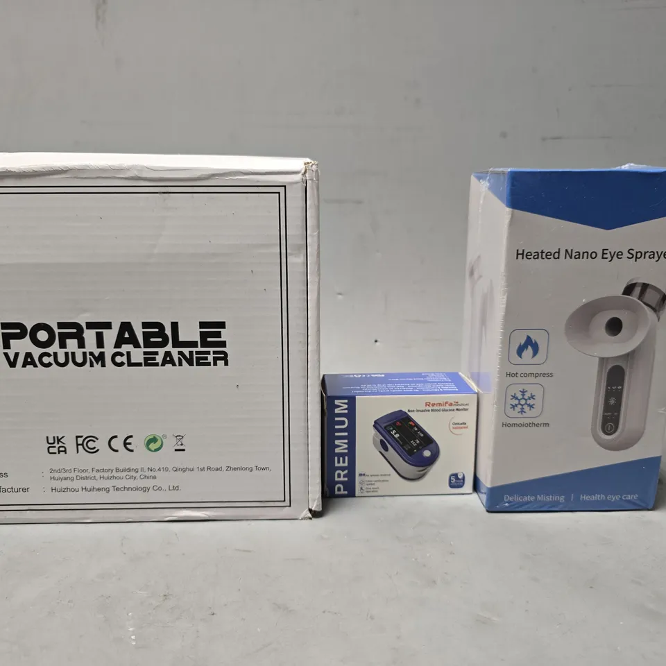 APPROXIMATELY 8 ASSORTED ITEMS TO INCLUDE - PORTABLE VACUUM CLEANER , NANO EYE SPRAYER , BLOOD GLUECOSE MONITOR ETC