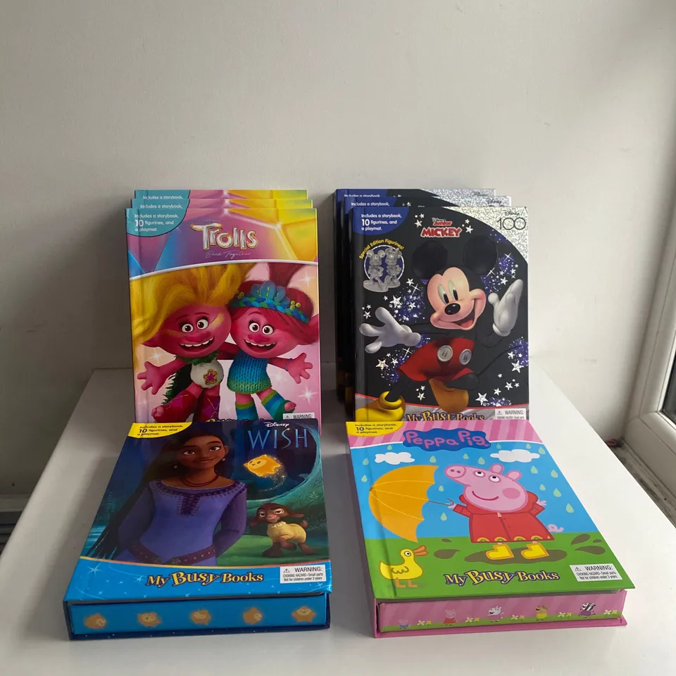 8 ASSORTED BUSY BOOKS TO INCLUDE: TROLLS, MICKEY, WISH AND PEPPA PIG