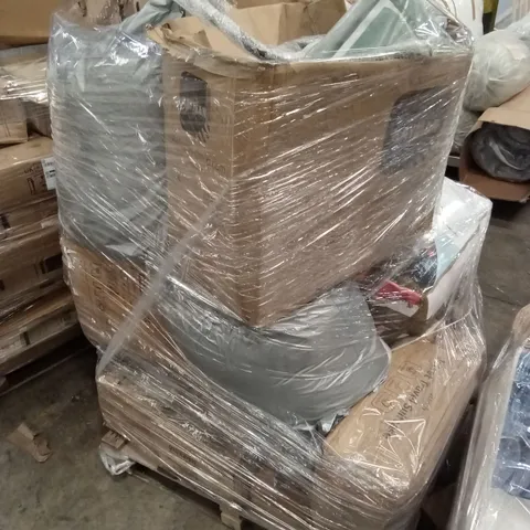 PALLET OF ASSORTED HOUSEHOLD GOODS AND PRODUCTS TO INCLUDE; SUITCASES, RATTAN FURNITURE ETC