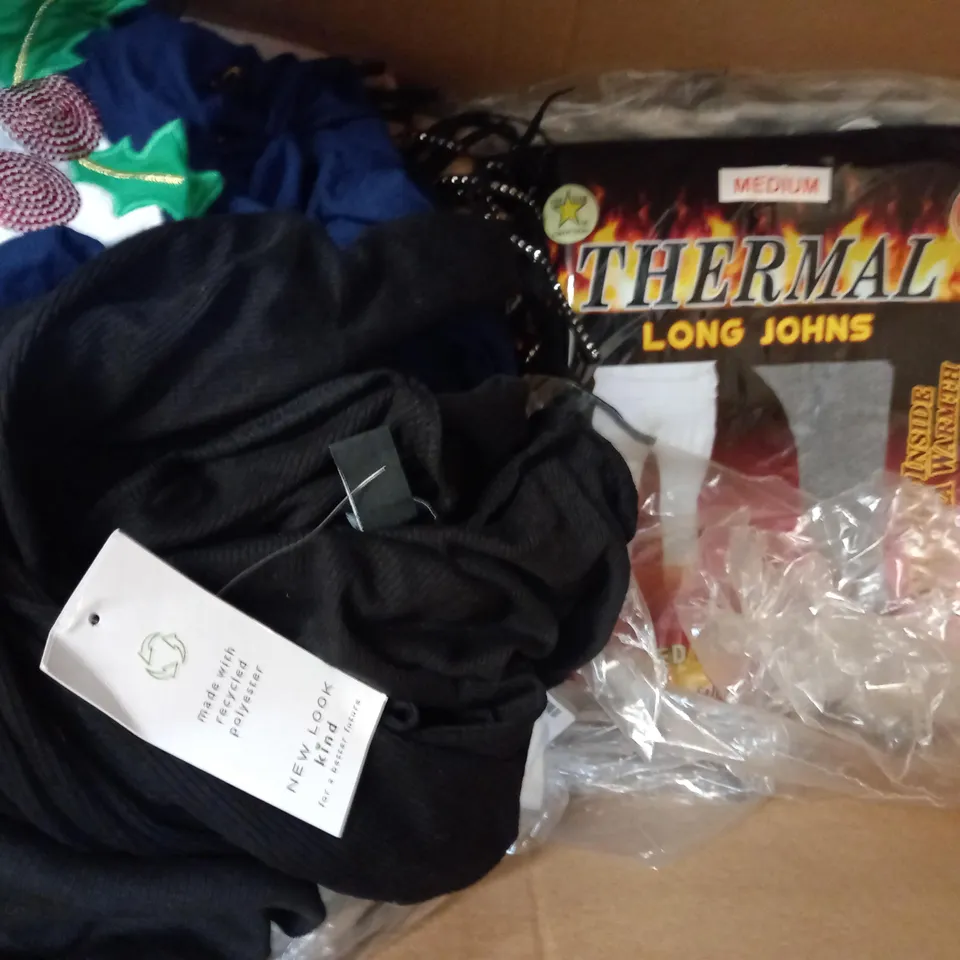 BOX OF APPROXIMATELY 10 ASSORTED CLOTHING AND FASHION ITEMS OF VARIOUS COLOURS AND STYLES TO INCLUDE BOOHOO, PRETTY LITTLE THING, ETC