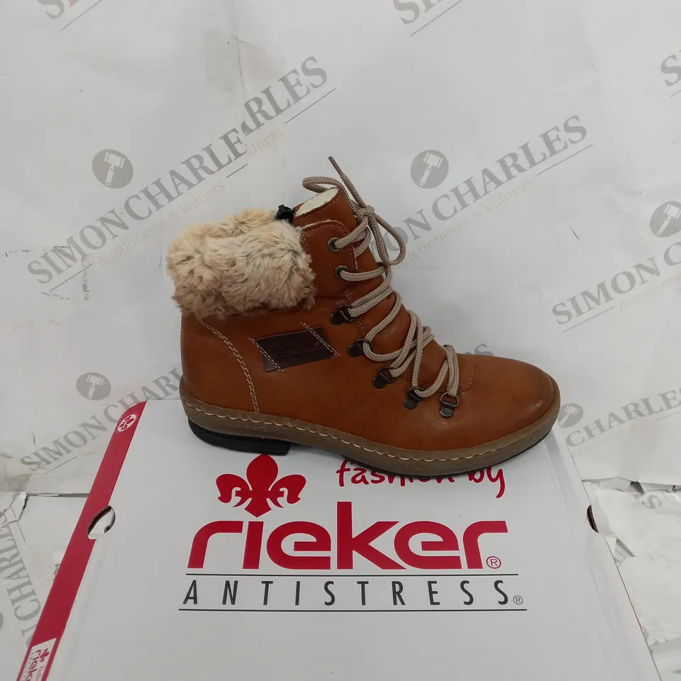 BOXED PAIR OF RIEKER LACE UP ANKLE BOOTS - TAN - UK SIZE 5