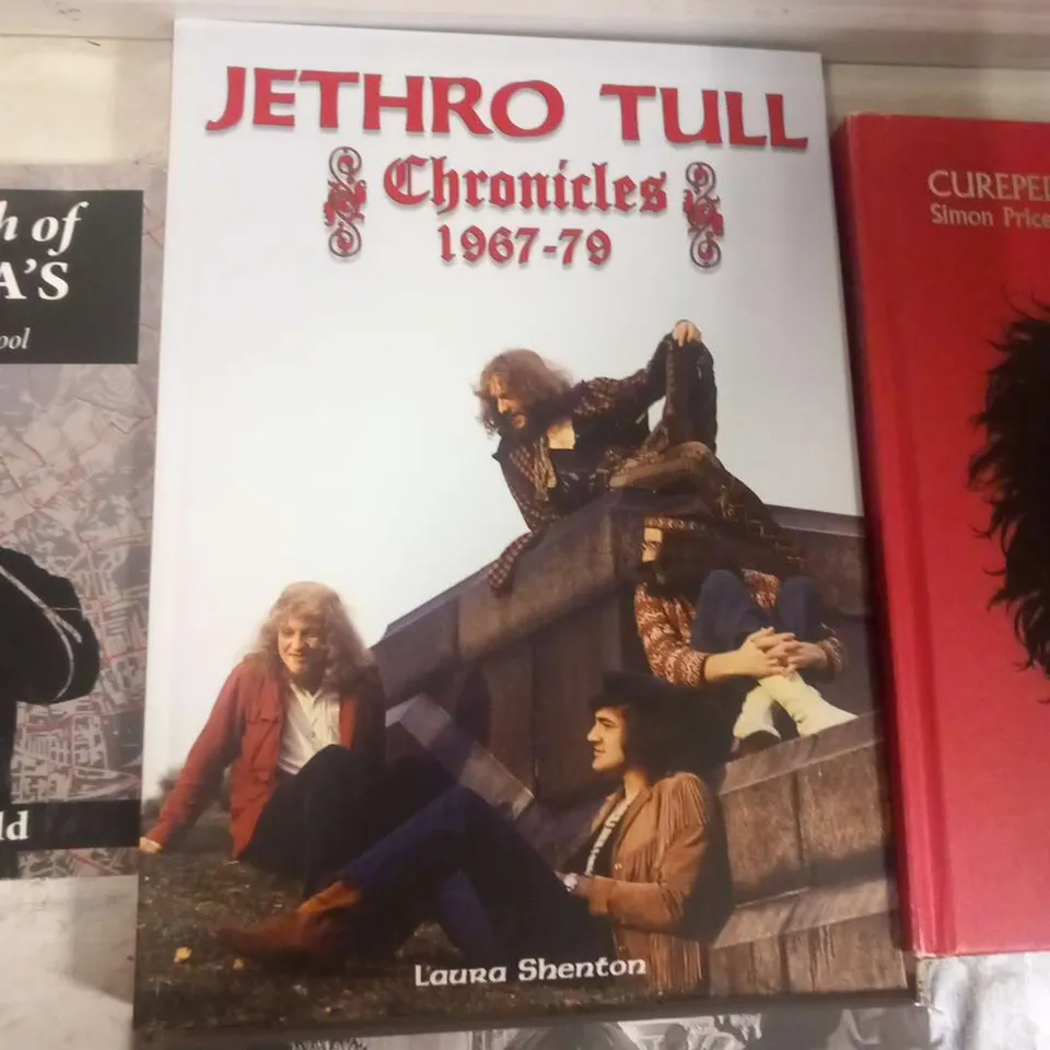 APPROXIMATELY SIX ASSORTED MUSIC BOOKS TO INCLUDE; BEATLES ANNIVERSARY MAGAZINE, JETHRO TULL CHRONICLES 1967-79, CUREPEDIA, BTS BEYOND THE STORY, I AM HATED FOR LOVING DICKIE FELTON AND IN SEARCH OF T
