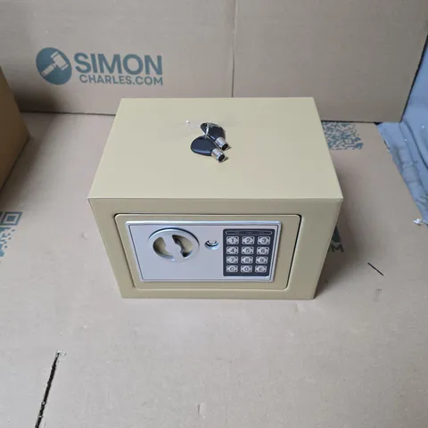 BOXED BEIGE COMPACT SAFE WITH ELECTRONIC KEYPAD LOCK AND OVERRIDE KEY