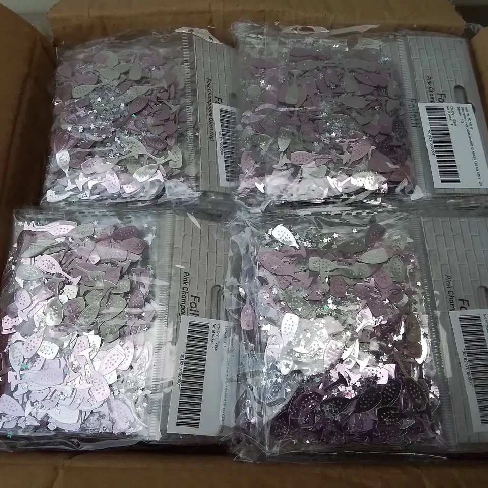 PALLET CONTAINING 58 BOXES OF BRAND NEW HOLO CHAMPAGNE GLASS CONFETTI - 144 PIECES PER BOX / APPROX TOTAL 8352