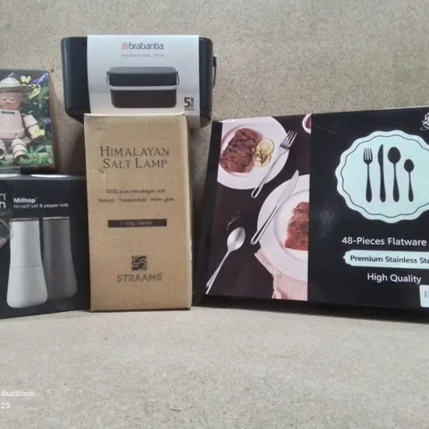 BOX TO CONTAIN ASSORTED HOUSEHOLD GOODS AND PRODUCTS TO INCLUDE; JOSEPH JOSEPH SALT AND PEPPER MILLS, HIMALAYAN SALT LAMP, BRABANTIA FOOD WASTE CADDY