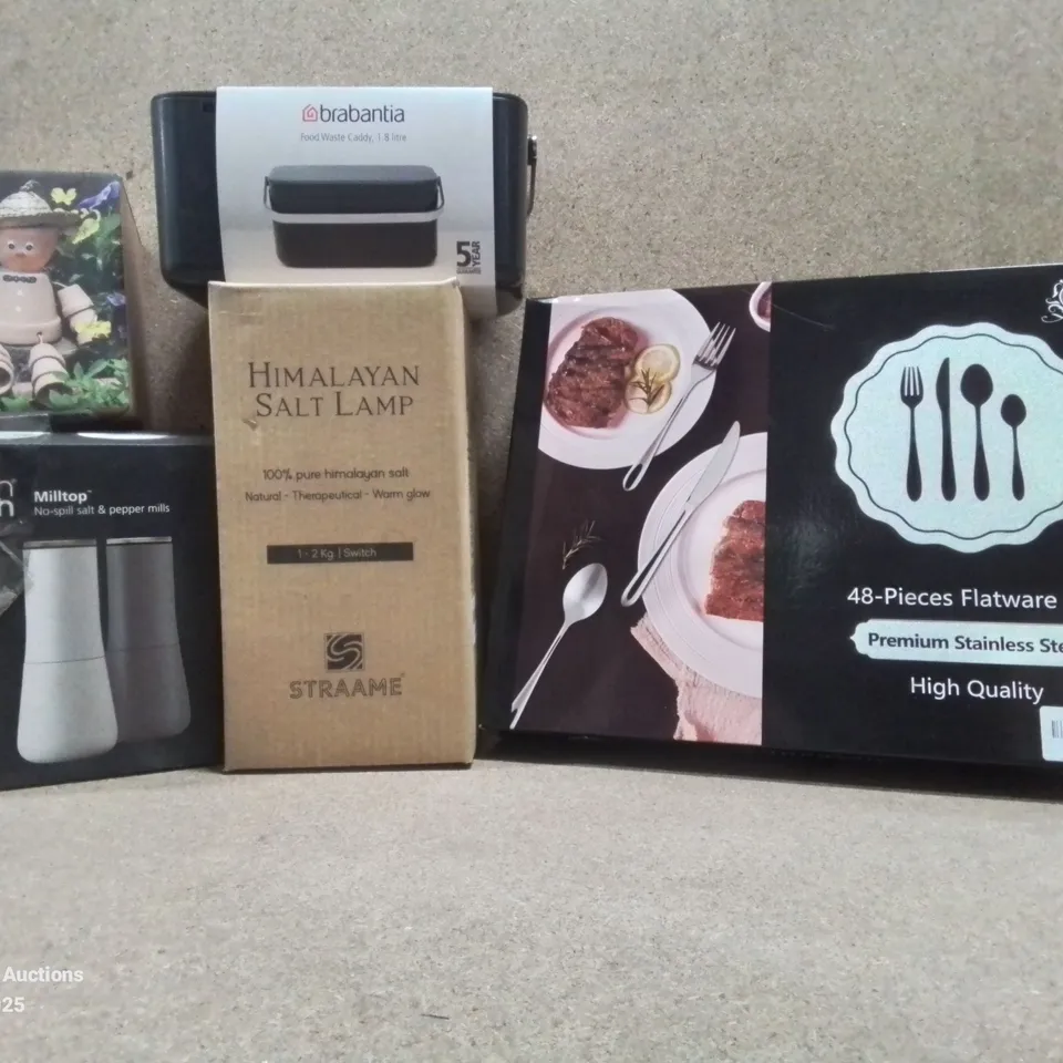 BOX TO CONTAIN ASSORTED HOUSEHOLD GOODS AND PRODUCTS TO INCLUDE; JOSEPH JOSEPH SALT AND PEPPER MILLS, HIMALAYAN SALT LAMP, BRABANTIA FOOD WASTE CADDY