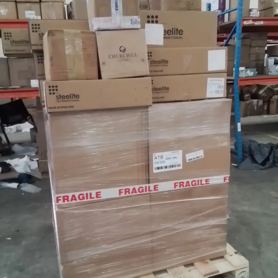 PALLET CONTAINING A LARGE QUANTITY OF PAPER FRENCH FRIES CUPS AND AURORA ROSE QUARTZ ROUND STACKING TRAYS