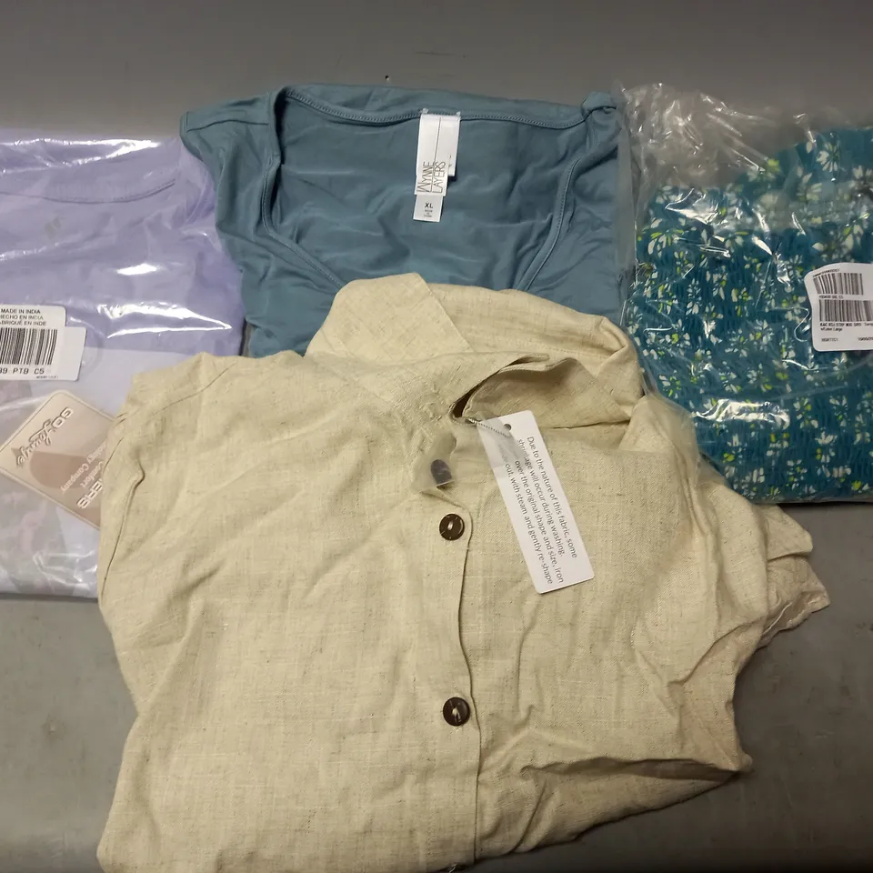 BOX OF APPROXIMATELY 10 ASSORTED CLOTHING ITEMS -DRESS , T-SHIRT , VEST 