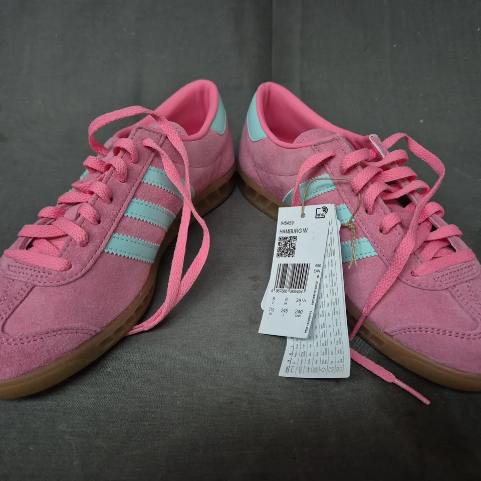 BOXED PAIR OF ADIDAS WOMEN'S HAMBURG SHOES IN PINK/PASTEL BLUE UK SIZE 6