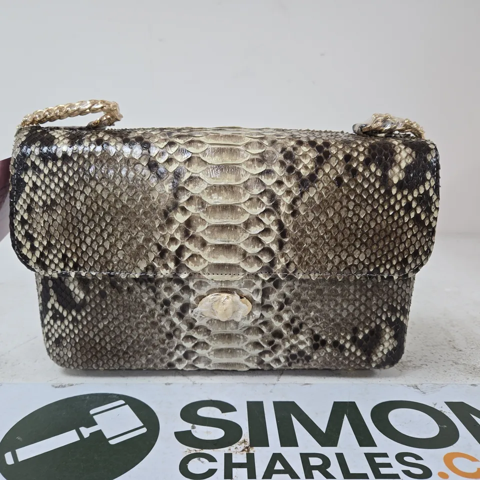 BOXED LA MAREY SNAKE PRINT CLUTCH BAG WITH GOLD CHAIN STRAP