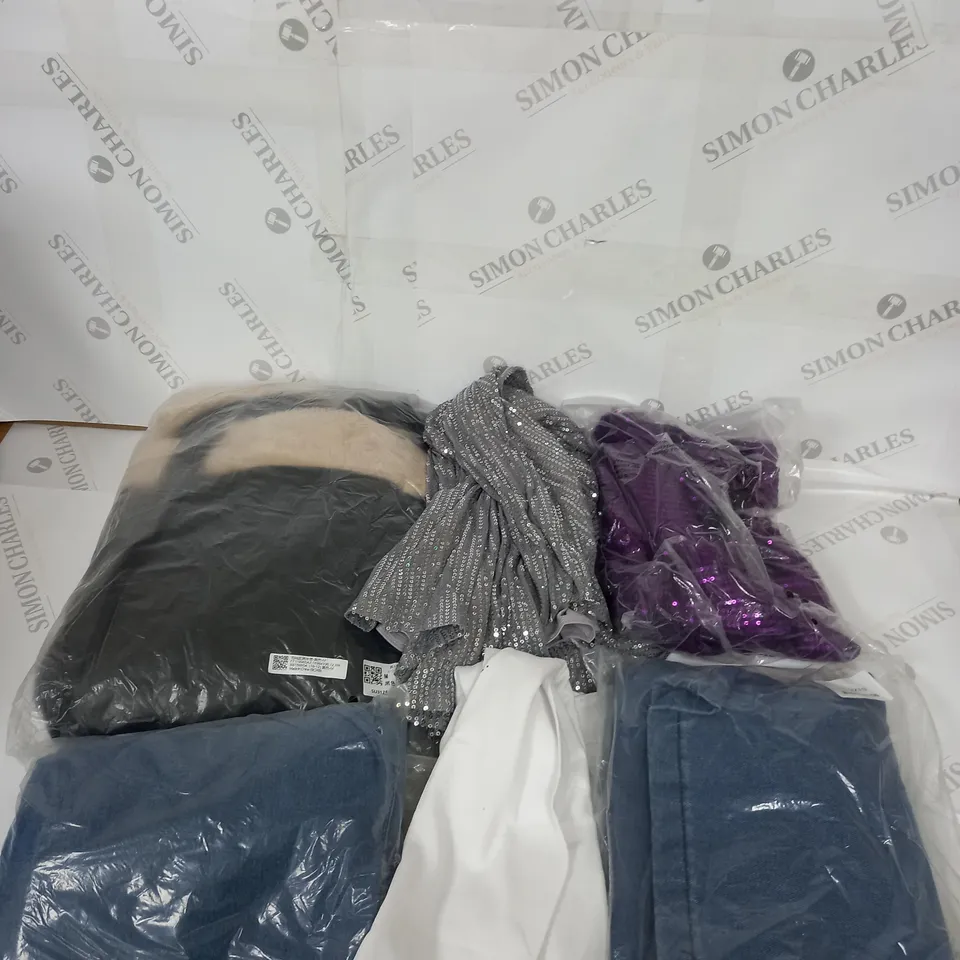 LARGE BOX OF ASSORTED CLOTHING ITEMS IN VARIOUS COLOURS AND SIZES INCLUDING TROUSERS , TOPS AND JUMPERS 
