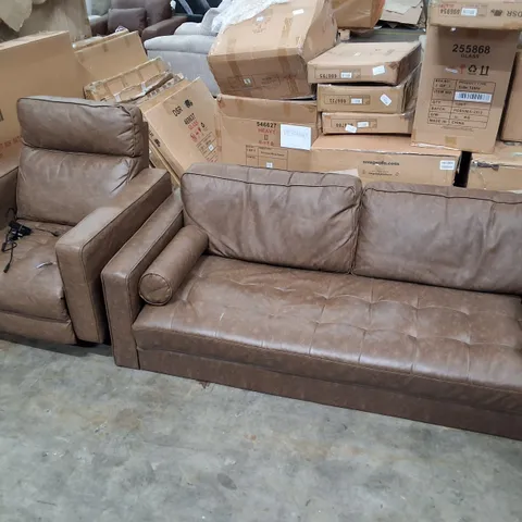 BROWN FAUX LEATHER 3-SEATER SOFA WITH ELECTRIC RECLINING CHAIR