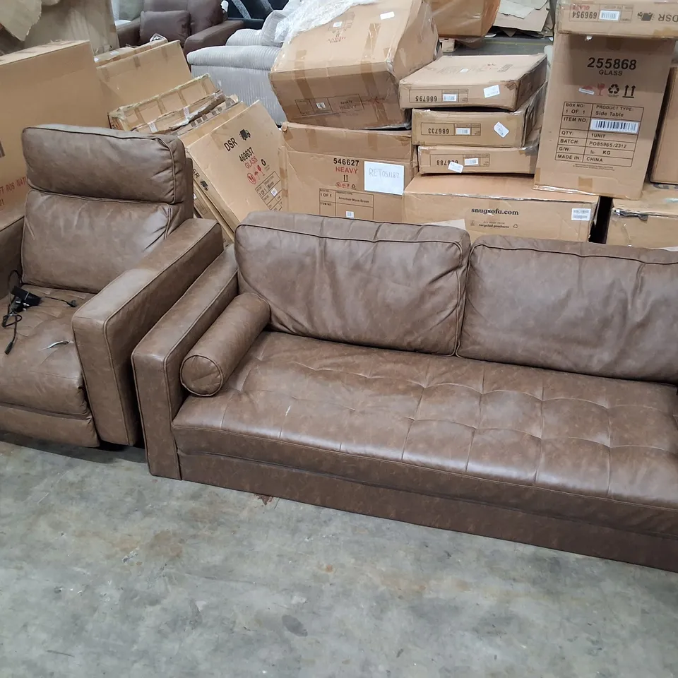 BROWN FAUX LEATHER 3-SEATER SOFA WITH ELECTRIC RECLINING CHAIR
